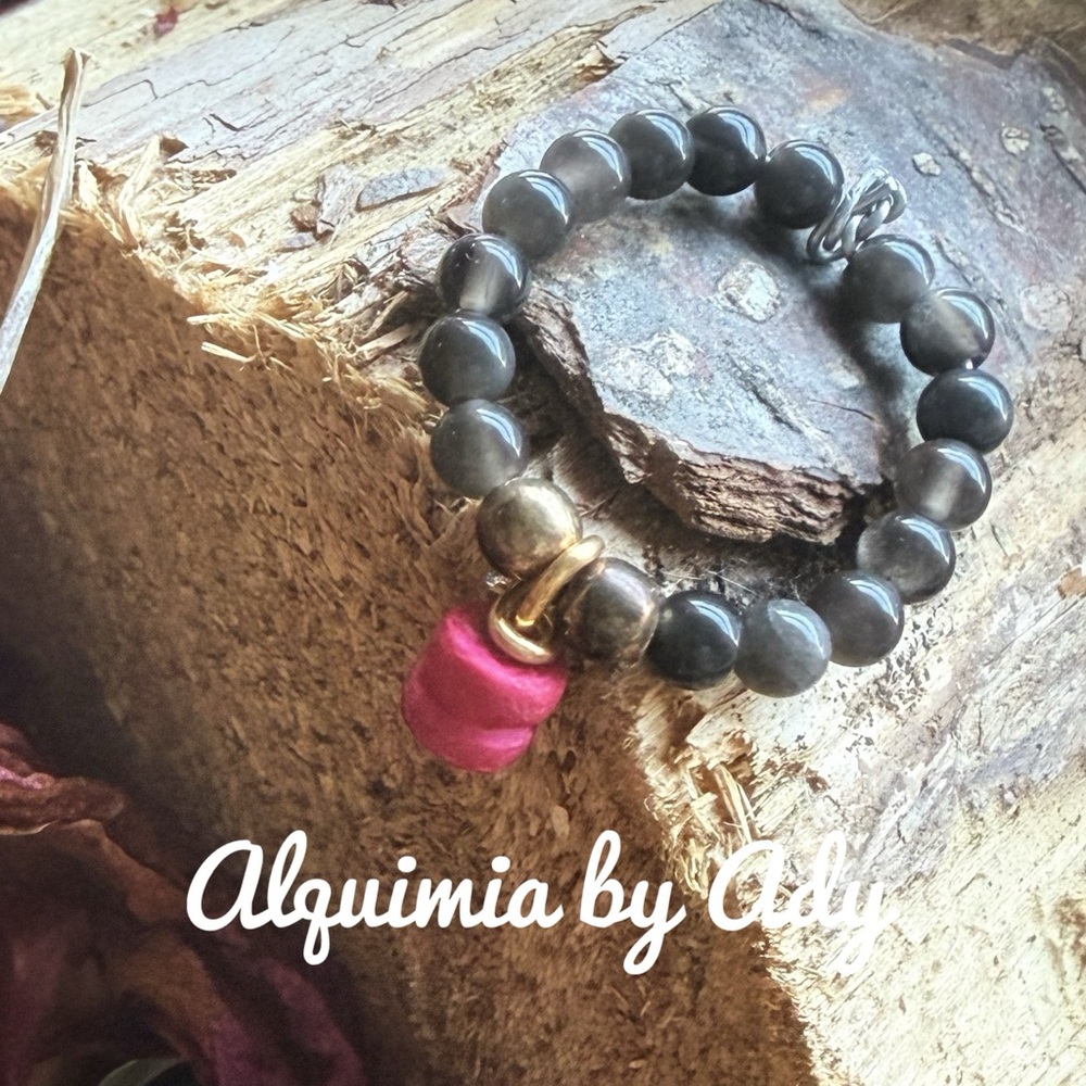 Beaded charms black obsidian ring - Picture 2 of 2